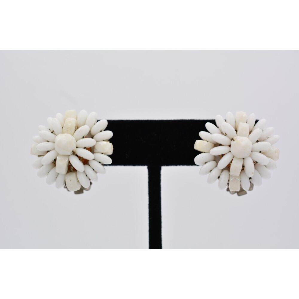 West Germany Vintage Clip On Earrings Flower White Beaded Cluster Signed BinAF